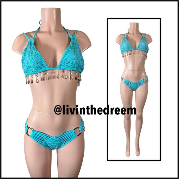 Beach Bunny Winslow Tri Top DD Deana Skimpy Bottom  M- Aqua $366 - Picture 3 of 13